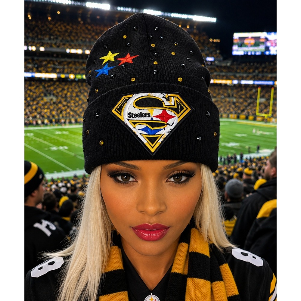 Pittsburgh Steelers Rhinestone Beanie Hat Superman Logo Sparkle Knit Cap Black